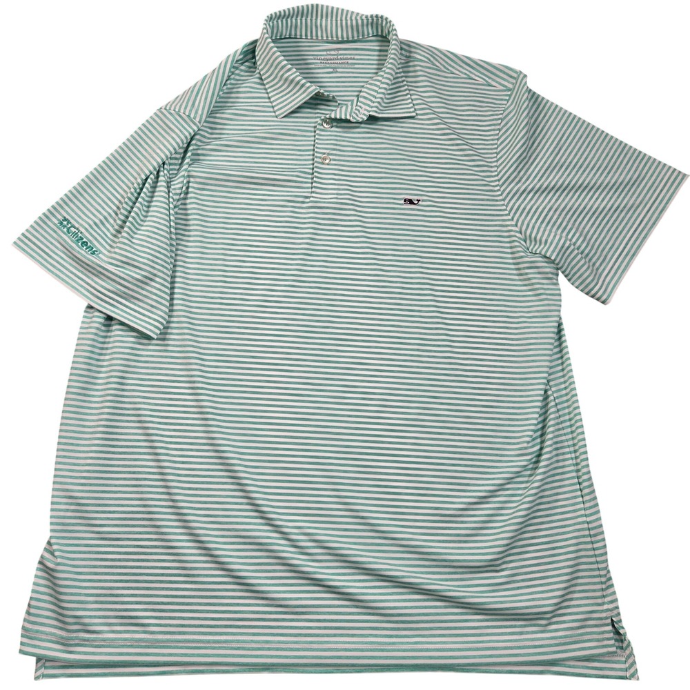Vineyard Vines Performance Polo Shirt Mens XL Green White Striped Citizens Logo